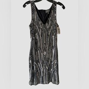Adrianna Papell Womens Dress 6 Black Sequin Beaded Cocktail Art Deco Holiday
